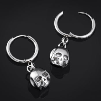 Hoop Earrings, Gold, Skull, Stainless Steel - Pair