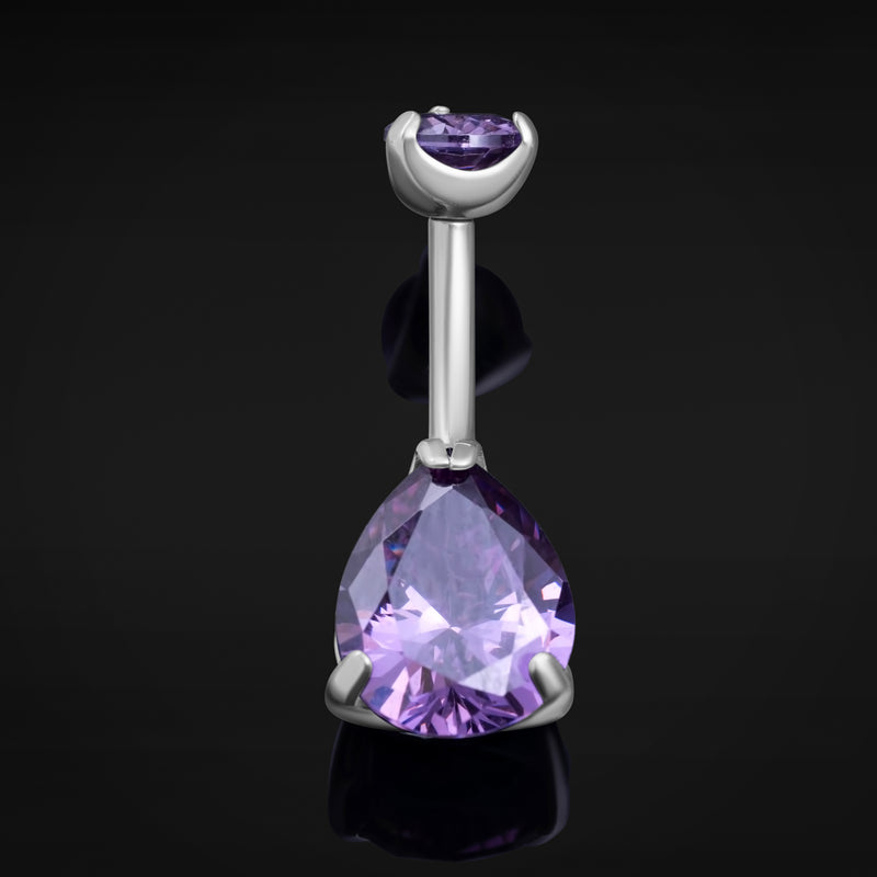 Bara de nombril, argenté, pierre en goutte CZ violette double, filetage interne, titane, calibre 1.6 mm
