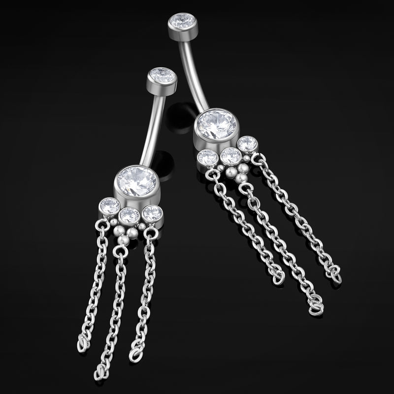 Piercing nombril, pendentif chaîne argentée sertie de strass, filetage interne, titane