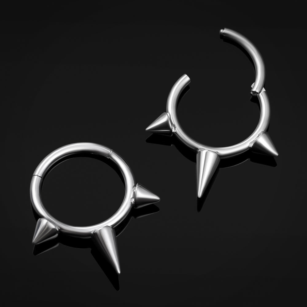 Silver Triple Spiked ASTM F136 Titanium Segment Clicker Septum Nose Ring - ASTM F136 Triple Spiked Titanium Hinged Segment Ring for Nose / Septum / 1.2mm 