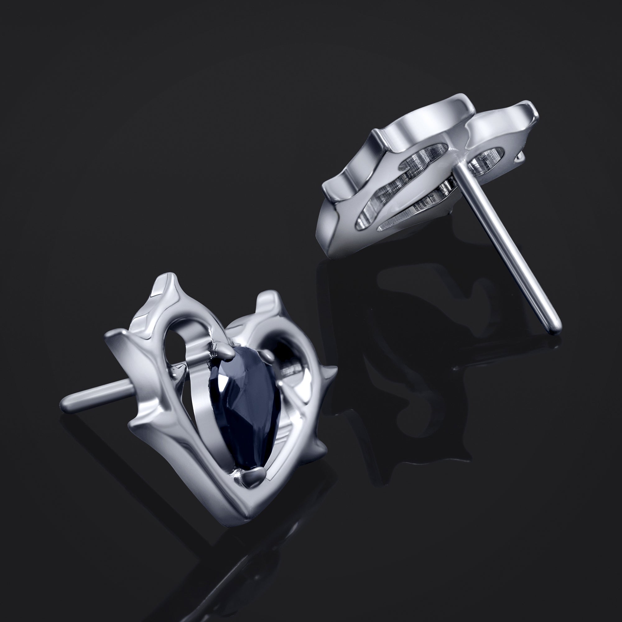 Labret Top, Silver, Black Jewelled Thorn Heart, Threadless, Push Fit, Titanium