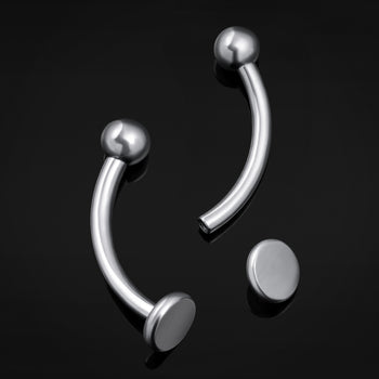 Silver Flat Disk Vertical Labret Internally Threaded Titanium Curved Barbell 1.2mm Gauge