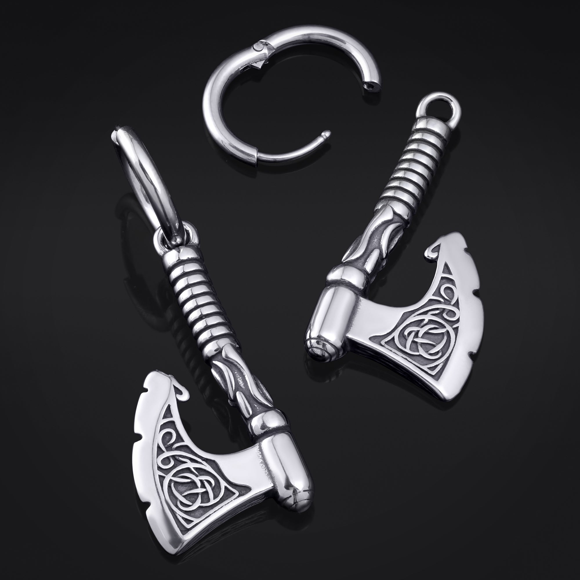 Huggie Hoop Earrings, Silver, Dangle Sword with Black Gem, Steel - Pair