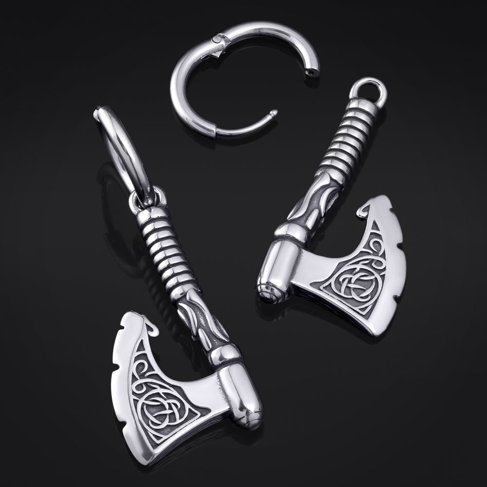 Huggie-Creolen, Silber, Anhänger Schwert mit schwarzem Edelstein, Stahl - Paar