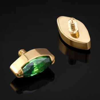 Labret Top, Gold, Green Marquise Jewel , Internally Threaded, Titanium
