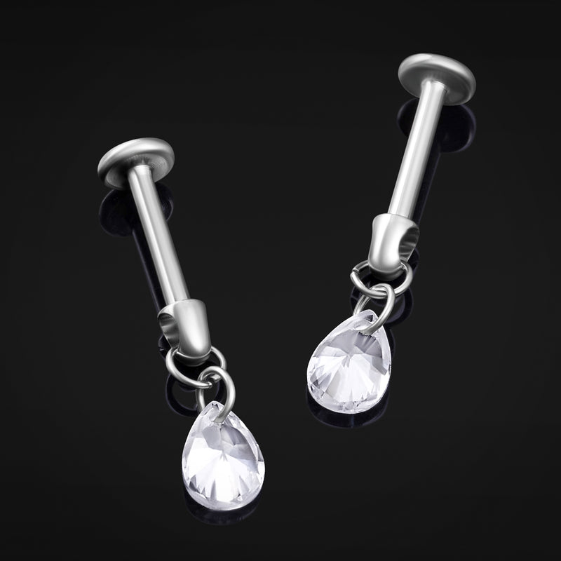 Dangle Labret Stud, Silver, Teardrop, Internally Threaded, Hypoallergenic Titanium
