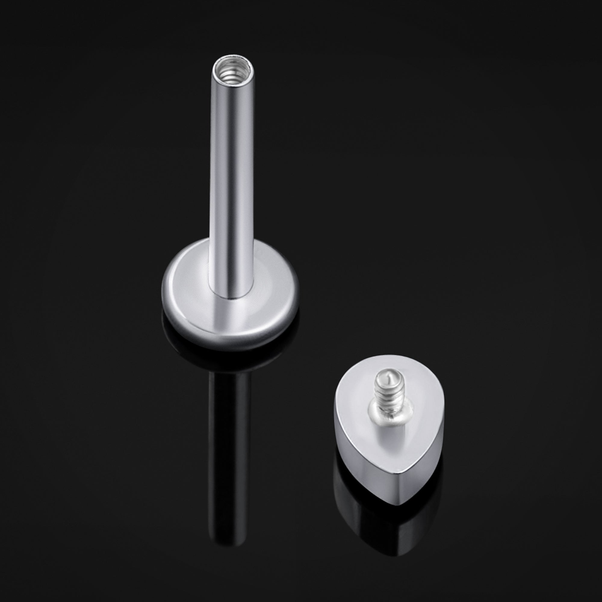 Labret Stud, Silver, Black Teardrop CZ Stone, Internal Thread, Titanium, 1.2mm