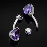 Bara de nombril, argenté, pierre en goutte CZ violette double, filetage interne, titane, calibre 1.6 mm