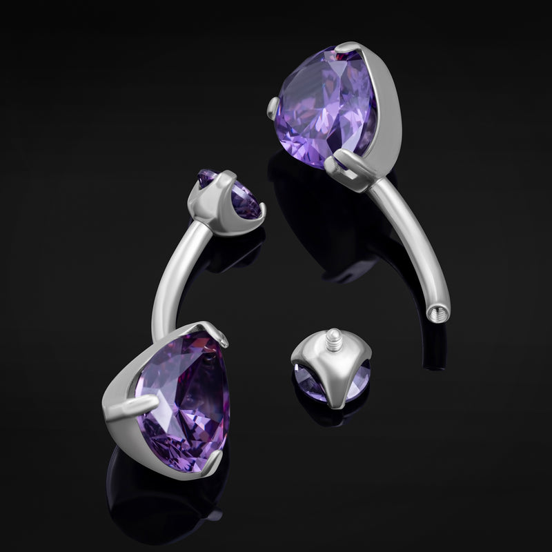 Bara de nombril, argenté, pierre en goutte CZ violette double, filetage interne, titane, calibre 1.6 mm