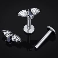 Labret en titane argenté à filetage interne, chauve-souris sertie noire, calibre 1,2 mm
