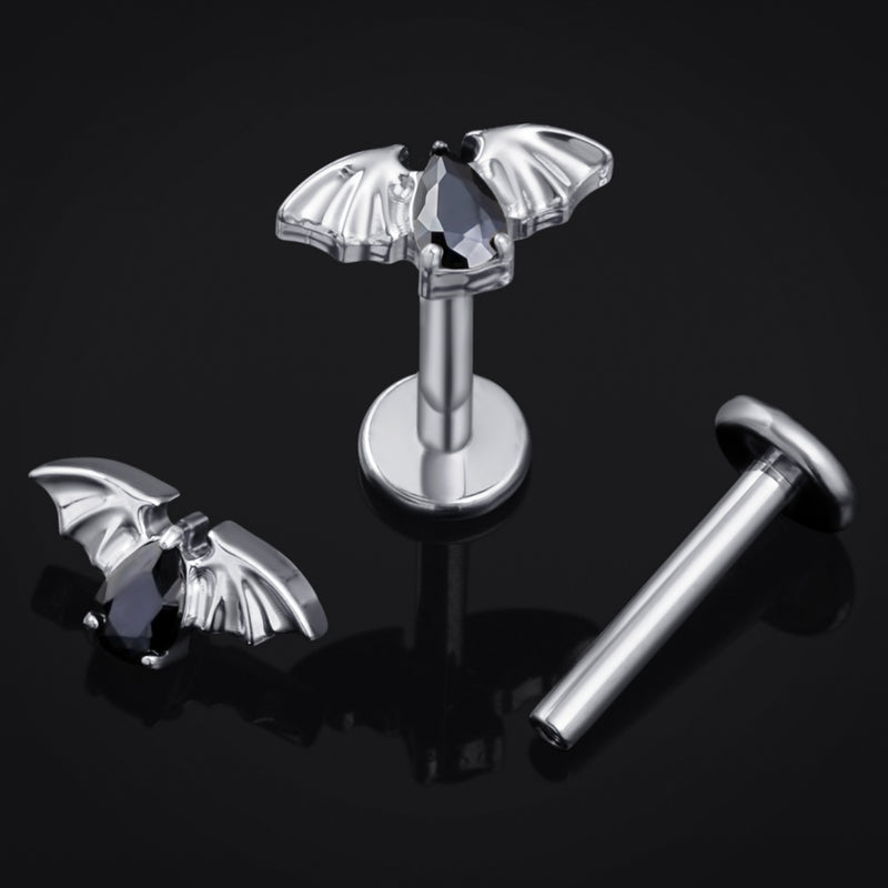 Labret en titane argenté à filetage interne, chauve-souris sertie noire, calibre 1,2 mm