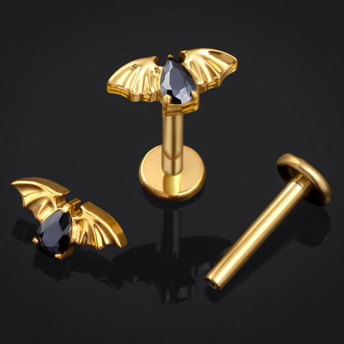 Black Jewelled Bat Gold Internally Threaded Titanium Labret Stud 1.2mm Gauge
