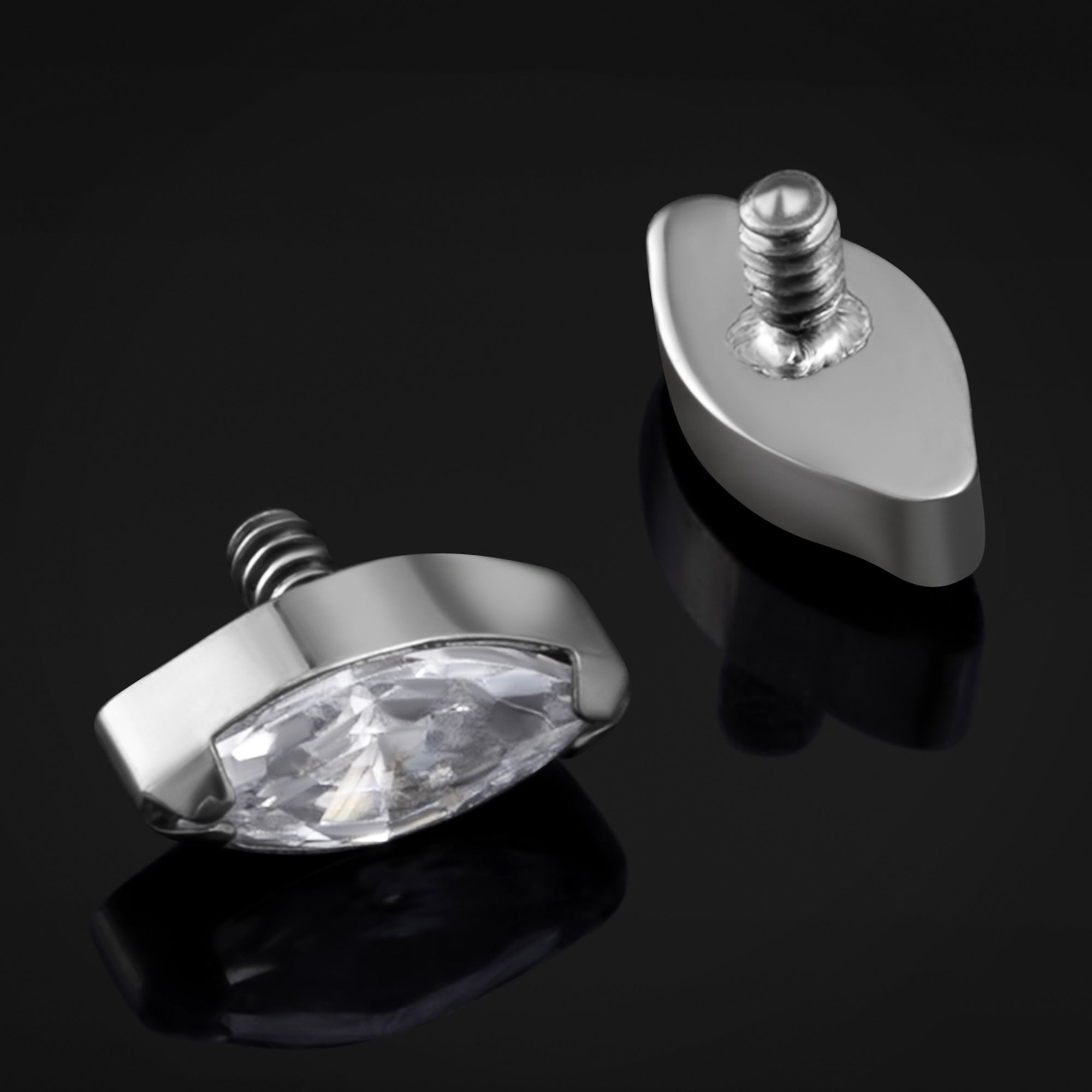 Labret Top, Silver, Clear Marquise Jewel , Internally Threaded, Titanium