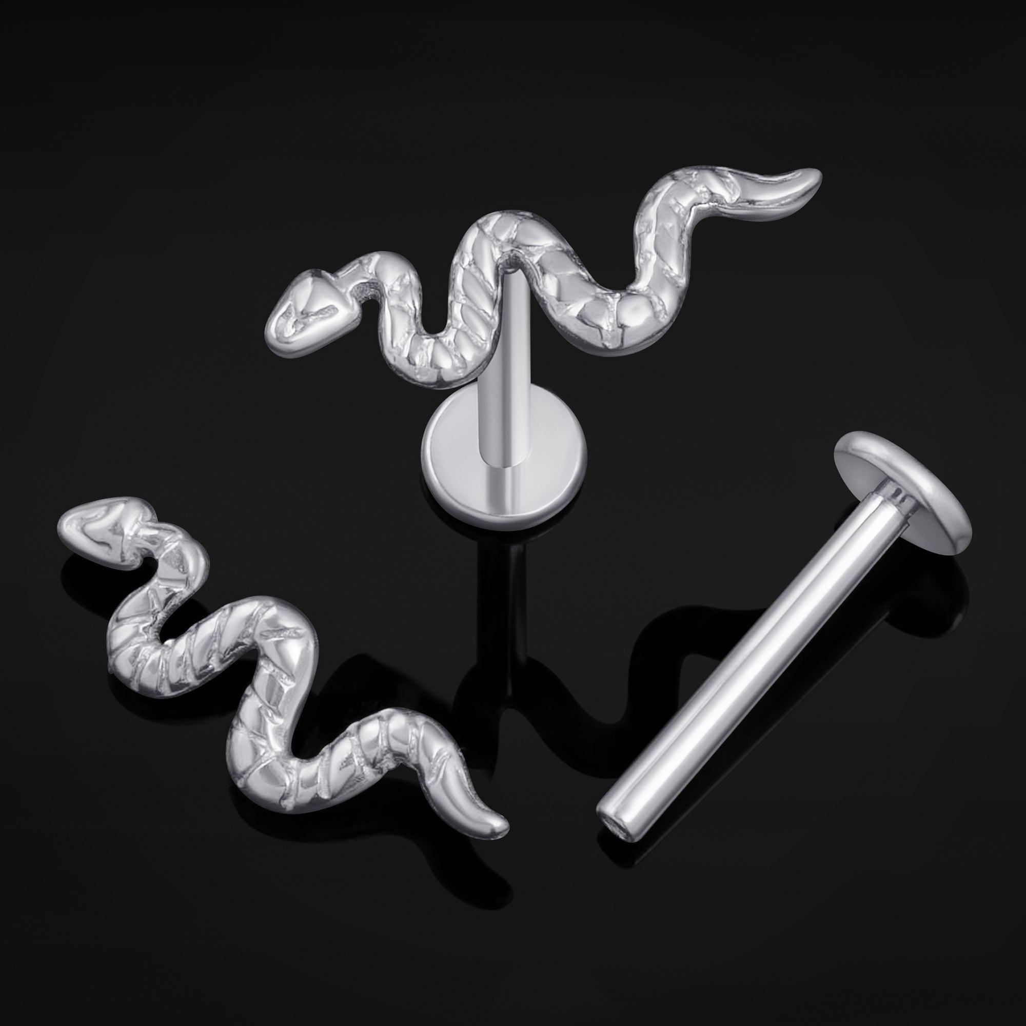Labret Stud, Silver, Snake, Internally Threaded, Titanium, 1.2mm Gauge
