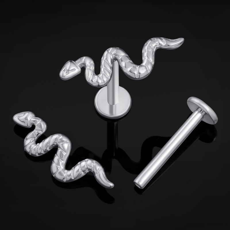 Clou labret argent, serpent, filetage interne, titane, calibre 1.2mm