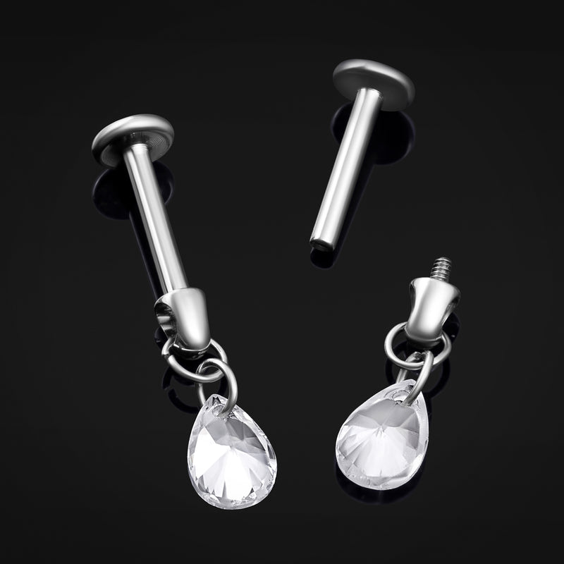 Dangle Labret Stud, Silver, Teardrop, Internally Threaded, Hypoallergenic Titanium