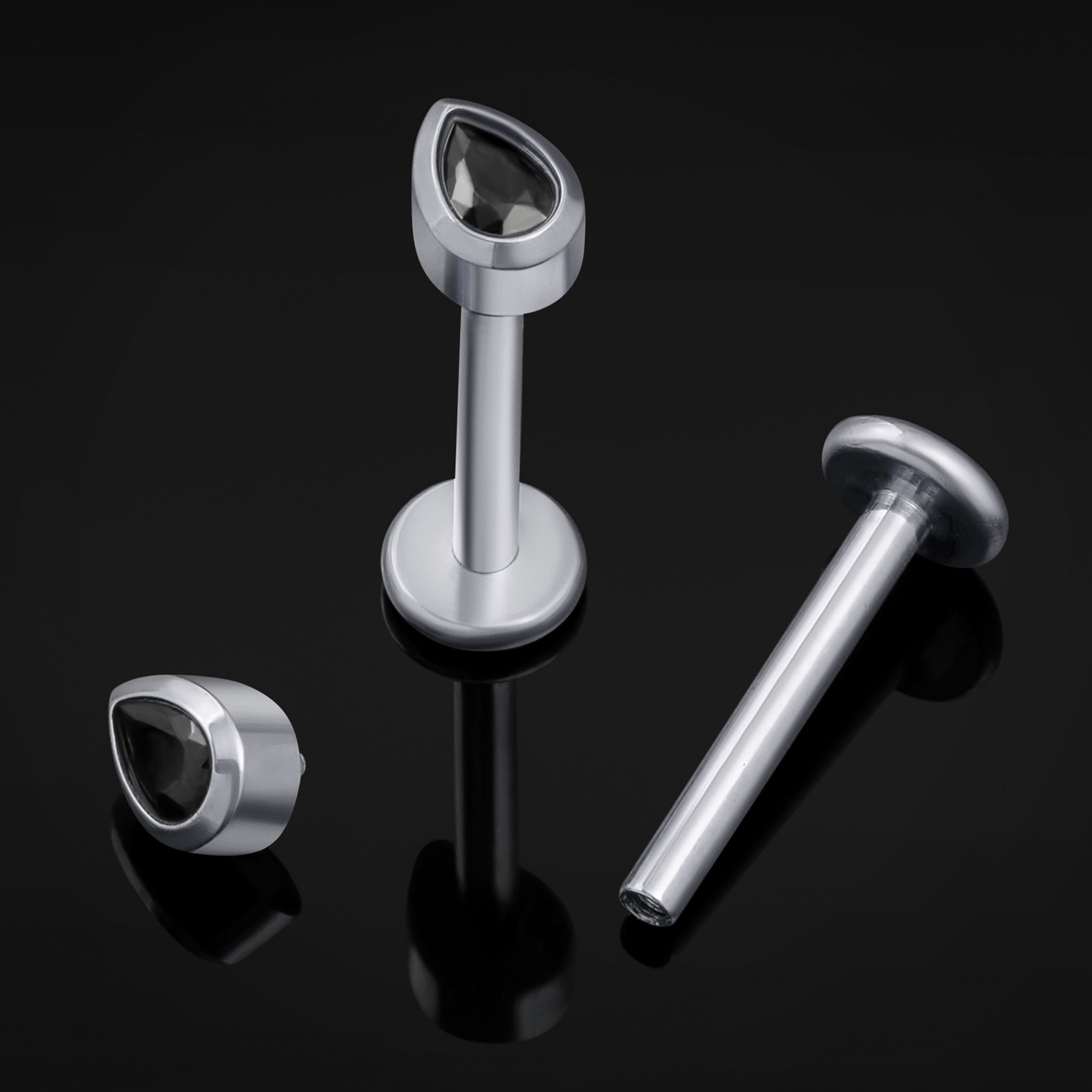 Labret Stud, Silver, Black Teardrop CZ Stone, Internal Thread, Titanium, 1.2mm