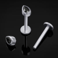 Puce labret, argent, pierre CZ noire en goutte, filetage interne, titane, 1.2mm