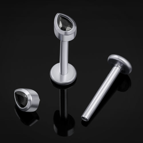 Silver Teardrop Black CZ Stone Internally Threaded Titanium Labret Stud 1.2mm Gauge