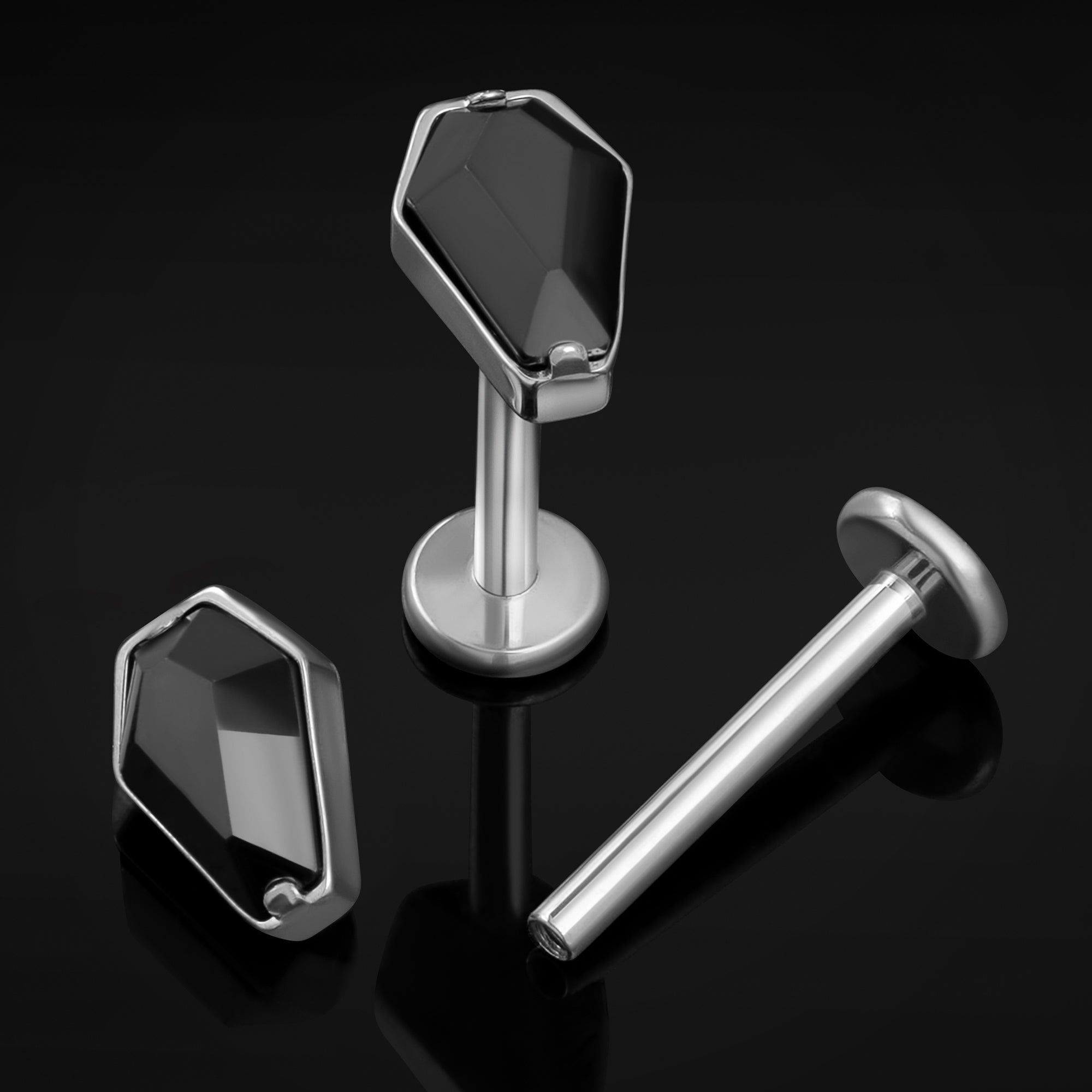 Titanium Internally Threaded Silver Coffin Labret Stud with Black Gem