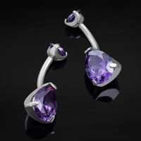 Bara de nombril, argenté, pierre en goutte CZ violette double, filetage interne, titane, calibre 1.6 mm