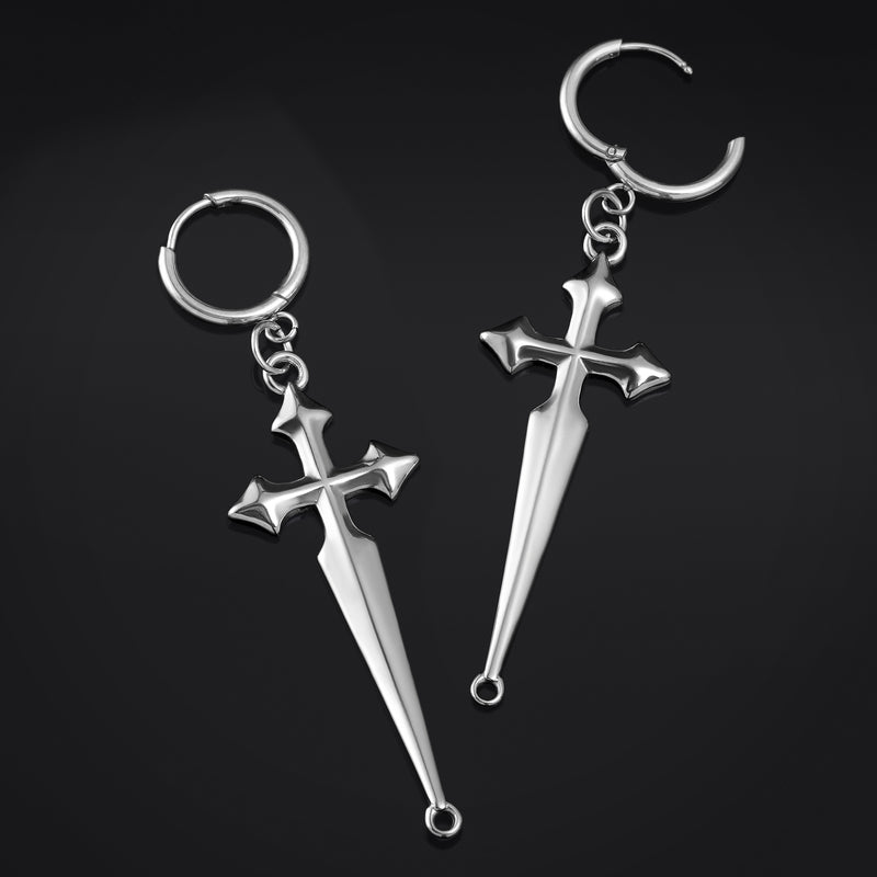 Boucles d'oreilles créoles, argent, croix, acier inoxydable - paire