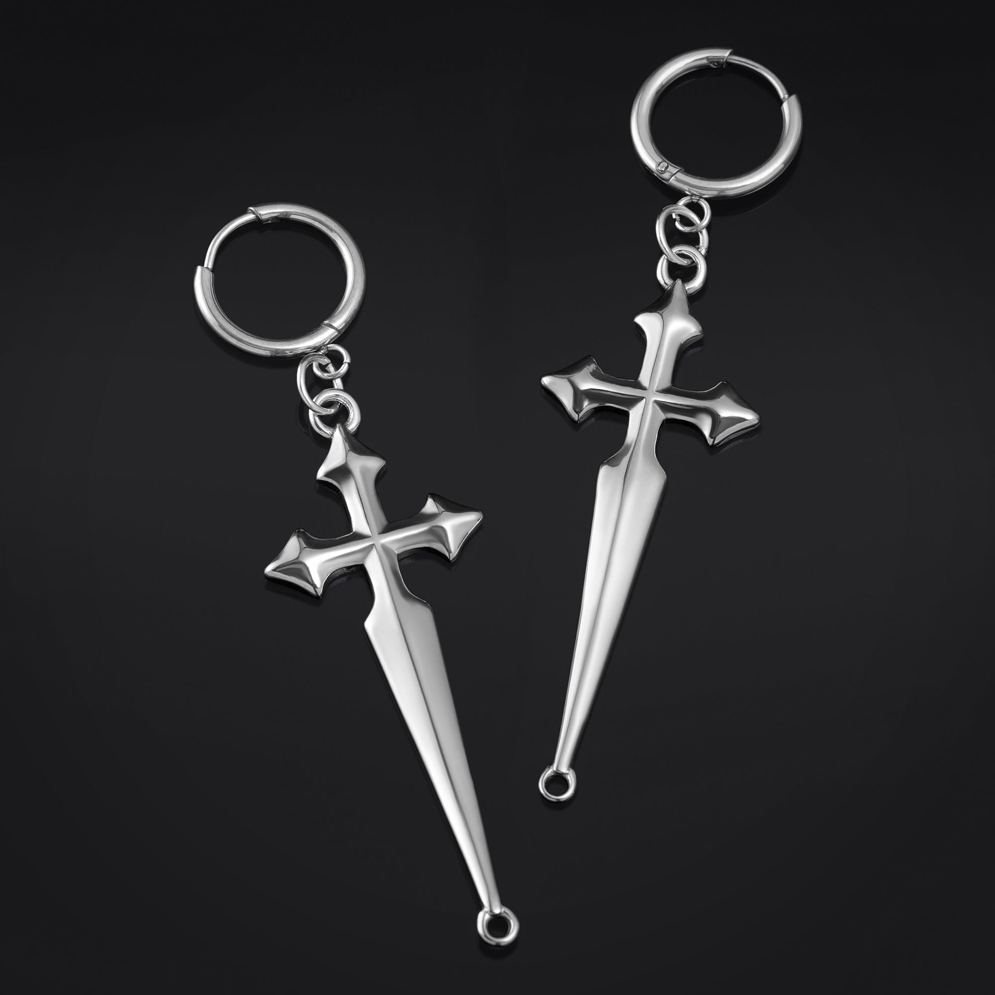 Hoop Earrings, Silver, Cross, Stainless Steel - Pair