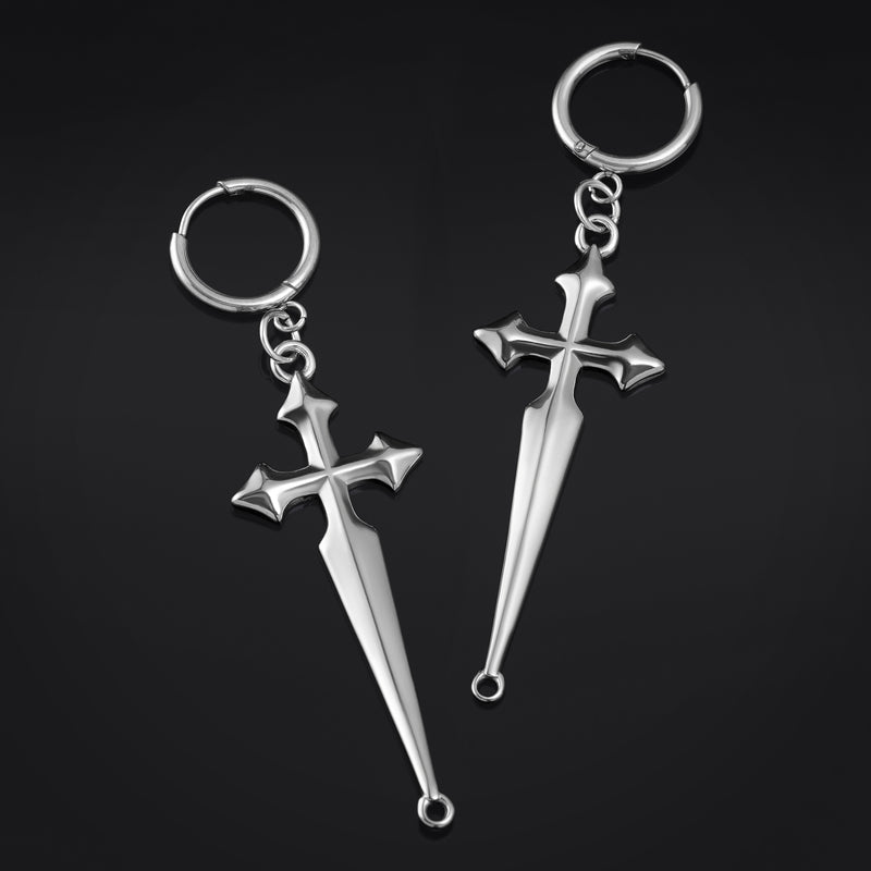 Boucles d'oreilles créoles, argent, croix, acier inoxydable - paire