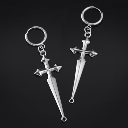 Hoop Earrings, Silver, Cross, Stainless Steel - Pair