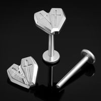 Argent, cœur croisé cercueil, filetage interne, labret, titane ASTM F136, 1,2 mm