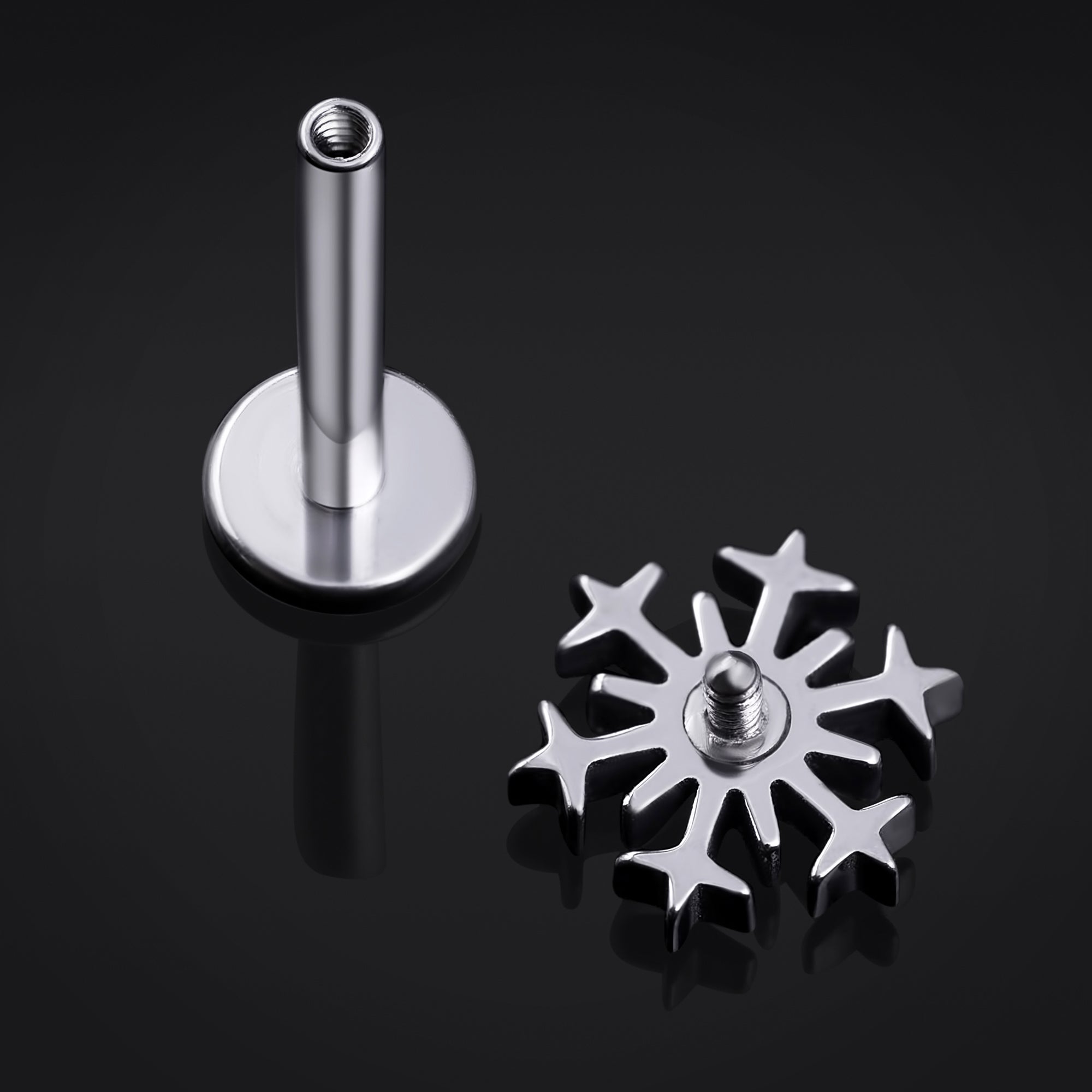 Labret Stud, Silver, Snowflake Top, Internal Thread, Titanium, 1.2mm