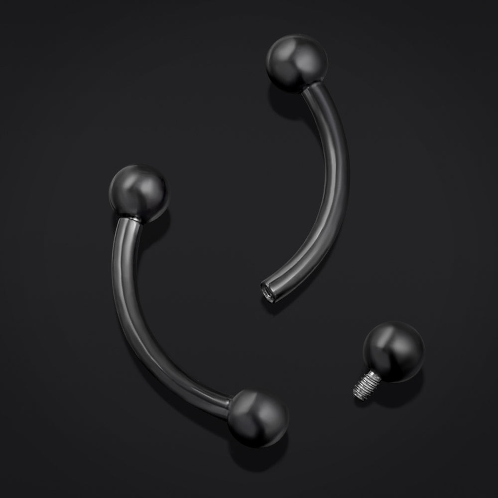 Titanium Internally Threaded Curved Barbell in Black - Internally Threaded Titanium Black Curved Barbell with 3mm Balls for Piercings - 8mm/10mm
