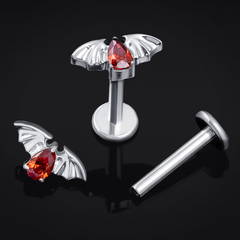 Labret en titane fileté interne, chauve-souris sertie de strass rouges, argenté, calibre 1.2mm