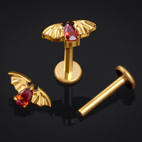 Clou de labret en titane doré fileté intérieurement, chauve-souris ornée de pierres rouges, calibre 1.2mm