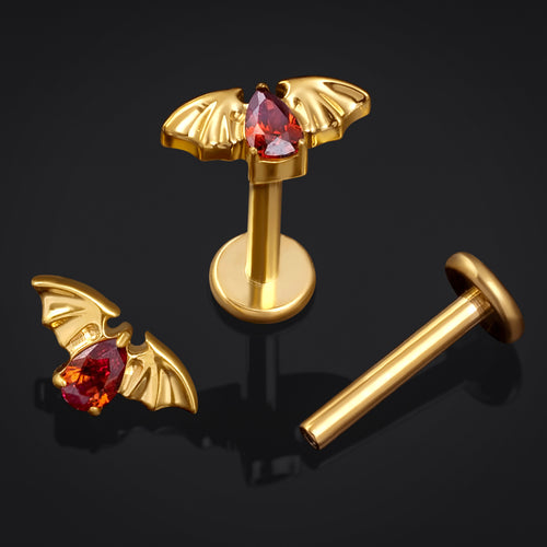Red Jewelled Bat Gold Internally Threaded Titanium Labret Stud 1.2mm Gauge