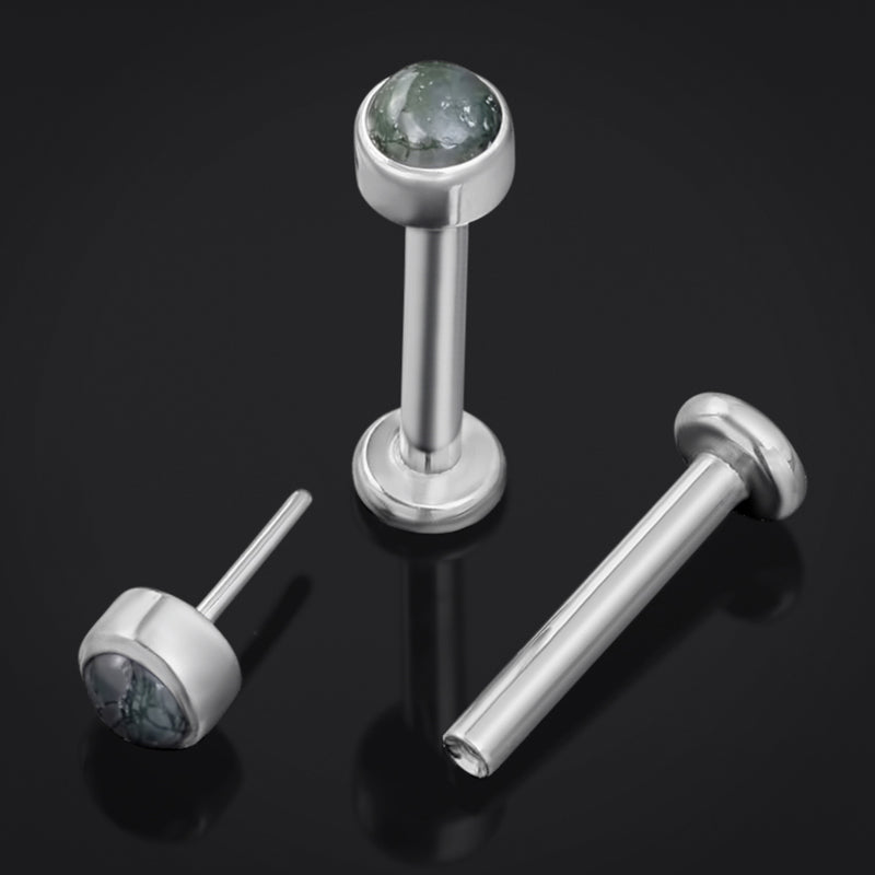 Clou de labret en titane sans filetage avec pierre d’agate mousse, calibre 1,2 mm