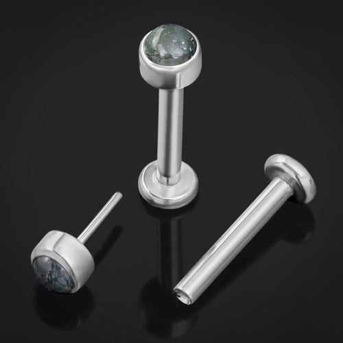 Moss Agate Stone Threadless Titanium Labret Stud 1.2mm Gauge