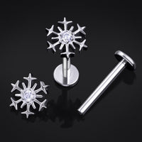 Piercing labret, argenté, embout flocon de neige, filetage interne, titane, 1.2mm