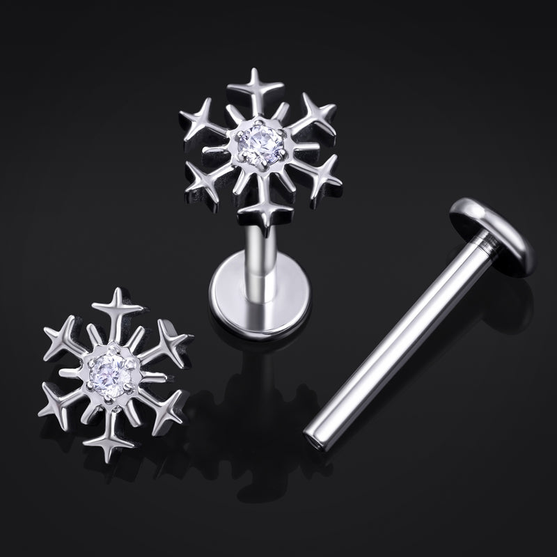 Piercing labret, argenté, embout flocon de neige, filetage interne, titane, 1.2mm