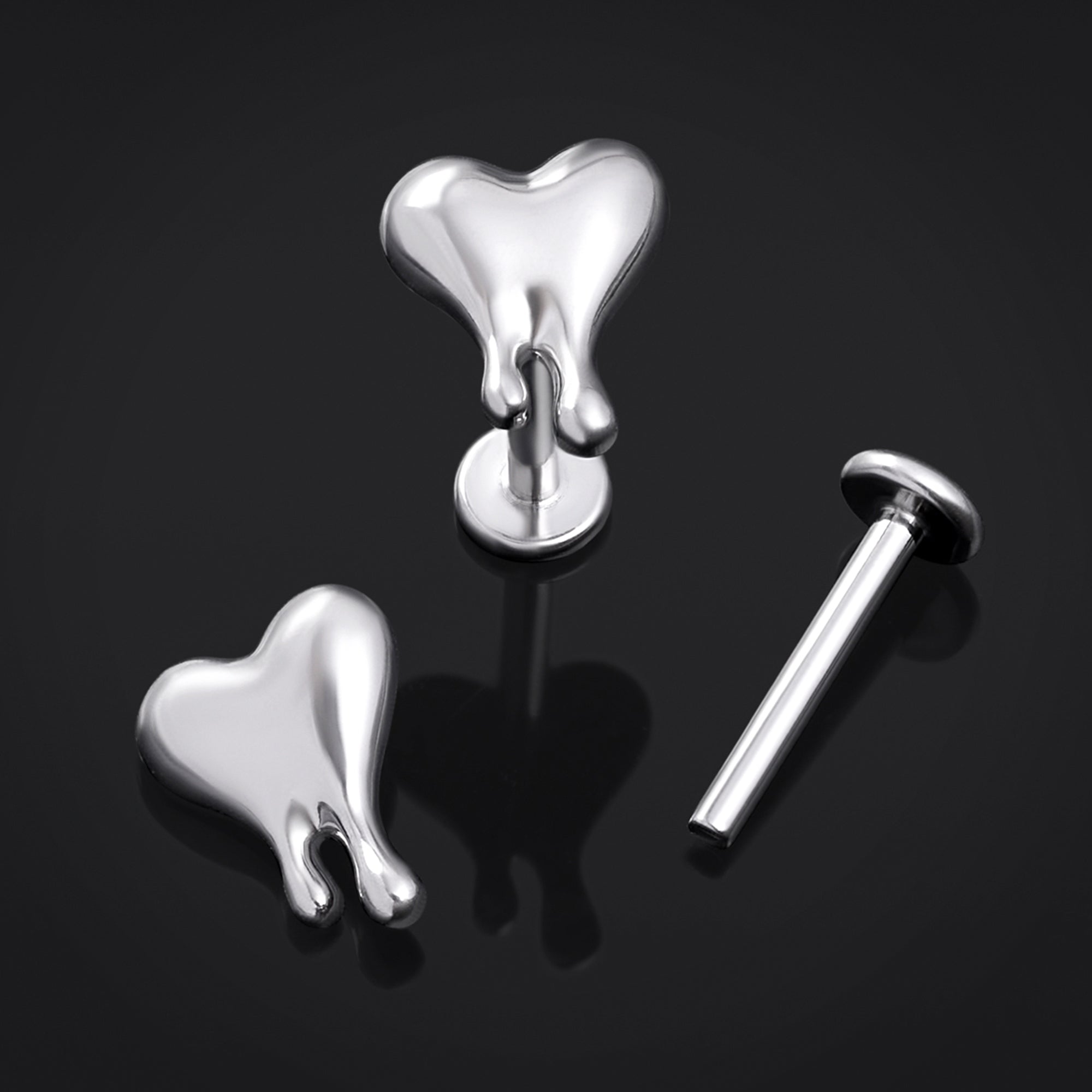 Labret Stud, Silver, Heart Drip Top, Internal Thread, Titanium, 1.2mm