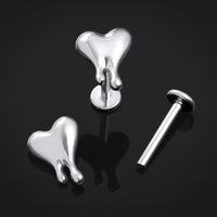 Piercing labret, argent, embout cœur effet coulure, filetage interne, titane, 1.2mm