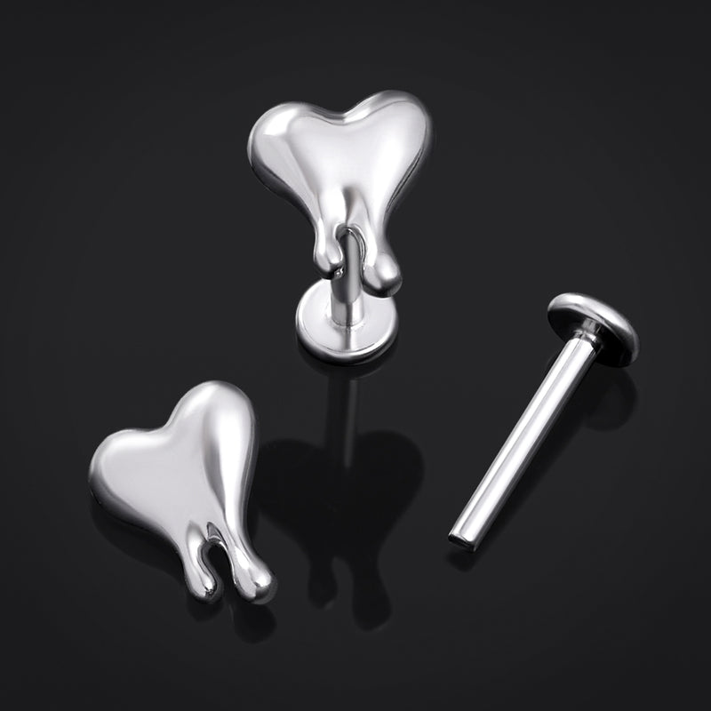 Piercing labret, argent, embout cœur effet coulure, filetage interne, titane, 1.2mm