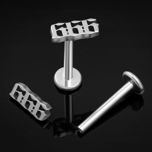 Silver 666 Internally Threaded Titanium Labret Stud 1.2mm Gauge