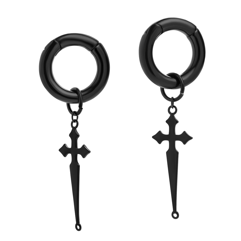 Black Steel Cross Dangle Hoop Earring Hangers (Pair) - Pair of Black Steel Cross Dangle Hoop Ear Weights For Stretched Ears