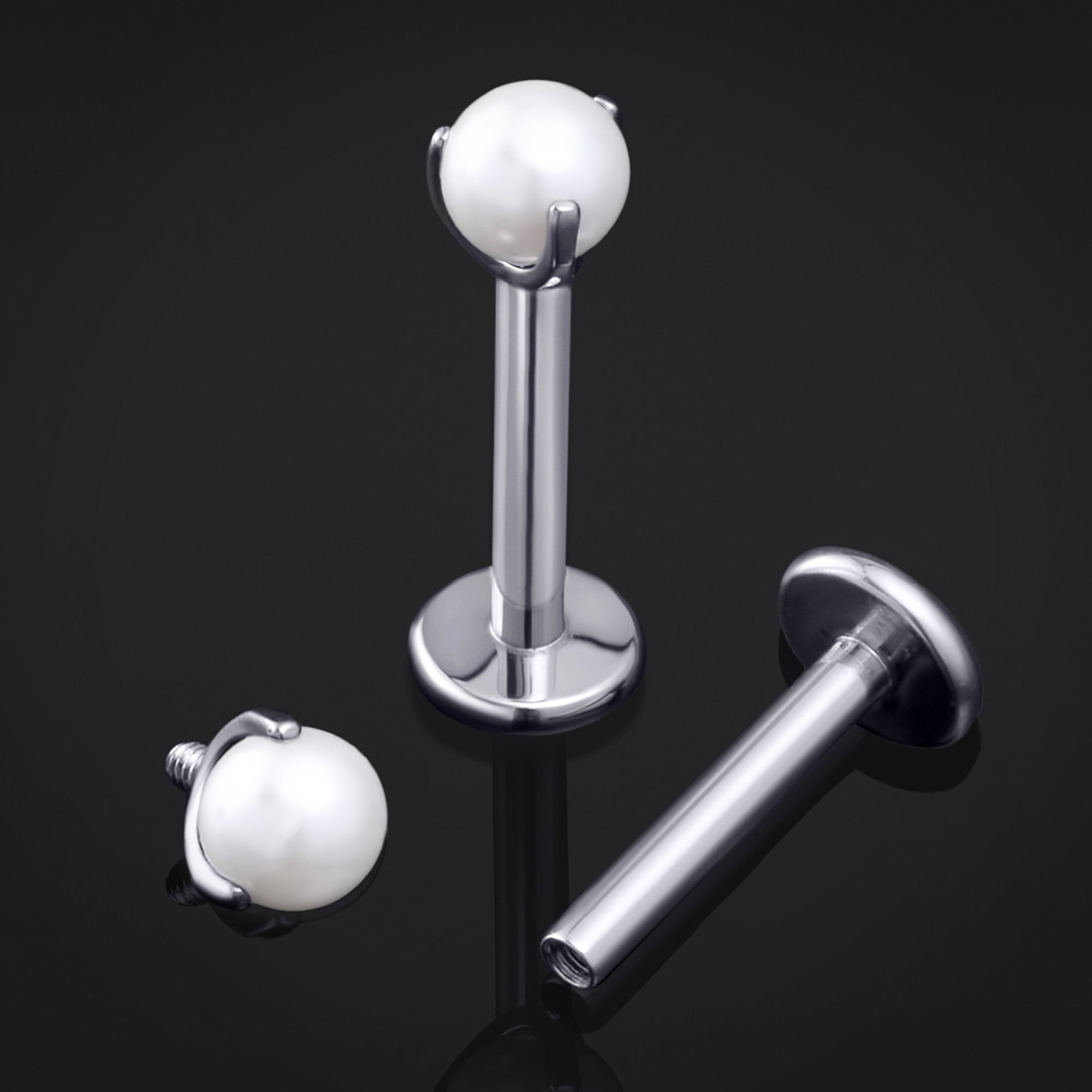 Silver, Claw Set Pearl, Internally Threaded, Labret Stud, Titanium
