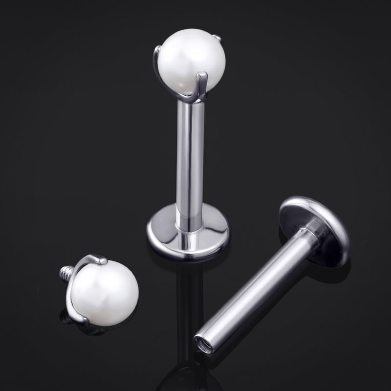 Argent, perle sertie griffe, filetage interne, labret, titane
