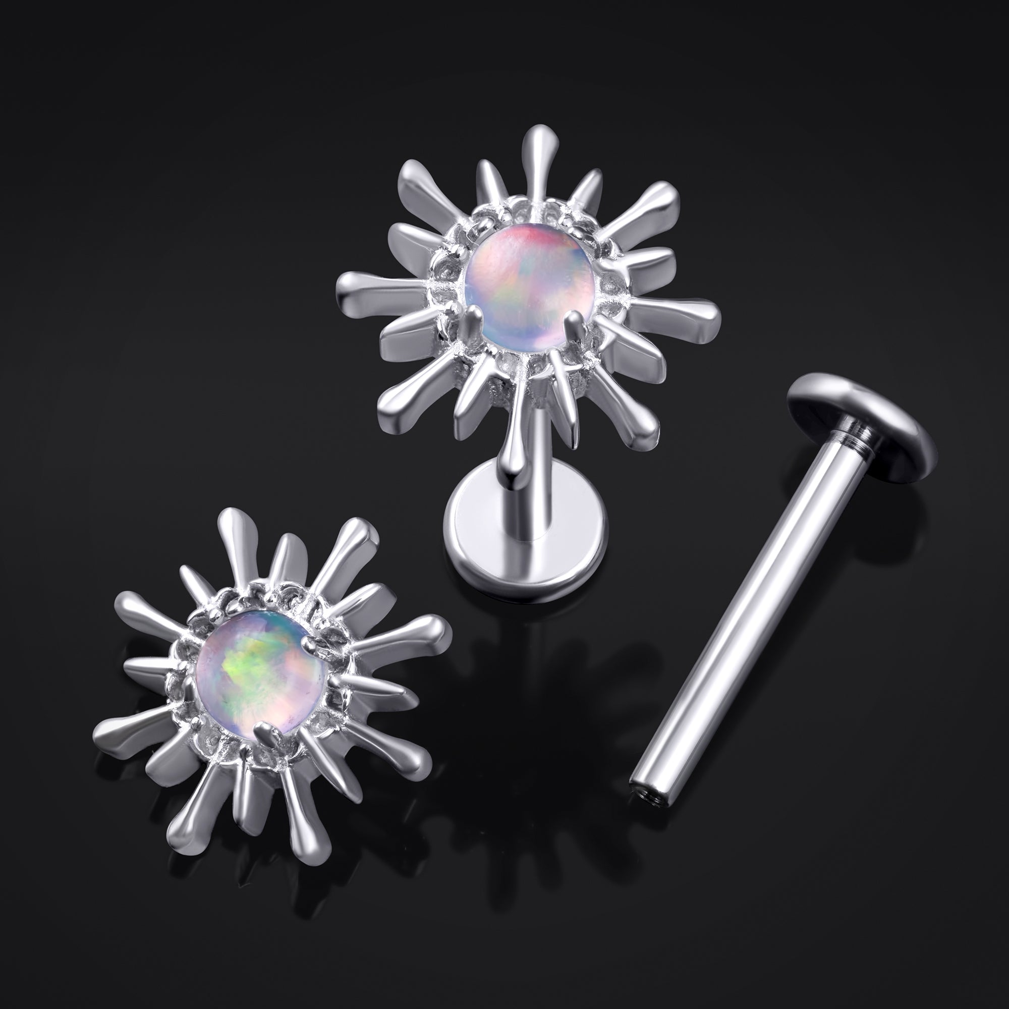 Labret Stud, Silver, Opal Sparkle Top, Internal Thread, Titanium, 1.2mm