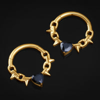 Clicker pour Septum, Chaîne à Pointes Dorée, Cœur Noir Serti de Pierres, Titane ASTM F136