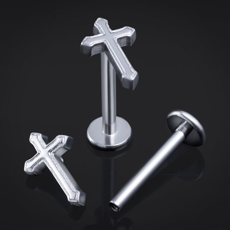 Labret à dos plat croix argentée en titane ASTM F136