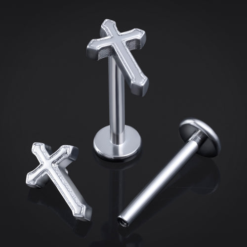 ASTM F136 Titanium Silver Cross Flat Back Labret Stud